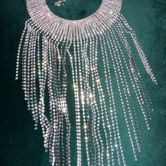 Style 60s Era Clear Rhinestone Drippy Bib Waterfall Necklace Silver 14" - Picture 2 of 7